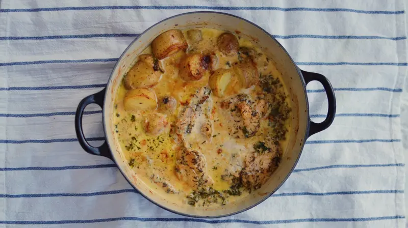 Enkel kycklinggryta med potatis, torkade kryddor och dijonsås